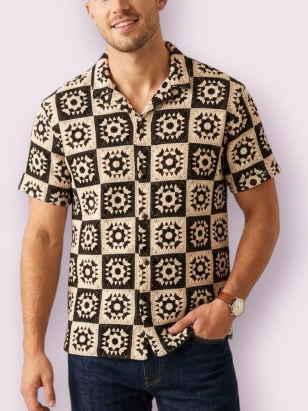 Malibu by Drill Clothing Co. Men's Geometric Button Up Shirt Black Tan Small